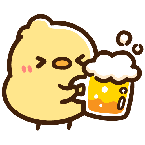ビールを持って楽しそうに乾杯するひよこ