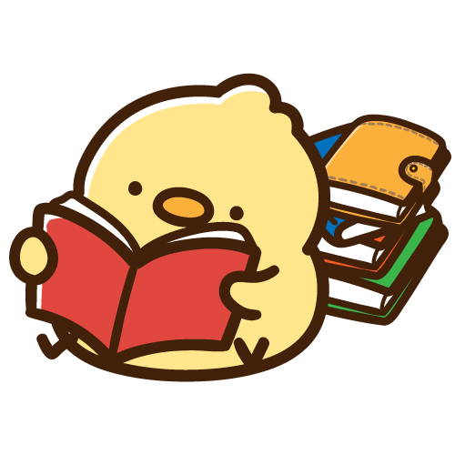 積み重なる本の中で読書をするひよこ