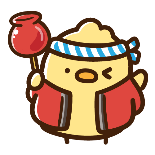 りんご飴を持って屋台の売り子をするひよこ