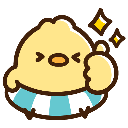 浮き輪にハマりながらグッドポーズをするひよこ