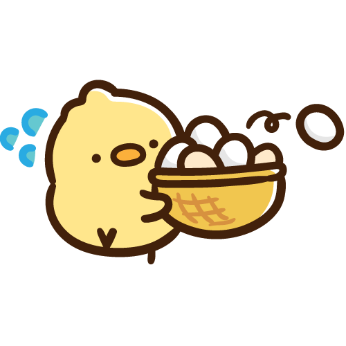 カゴいっぱいにたまごを持って運ぶひよこ