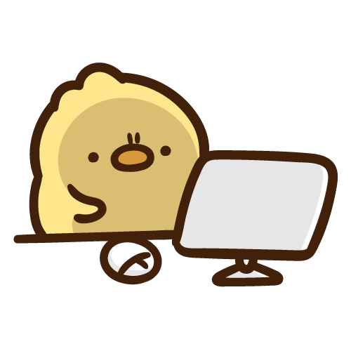 デスクトップパソコンを険しい顔で見つめるひよこ