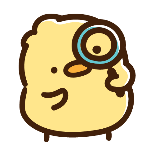 虫眼鏡を持って首を傾げるひよこ