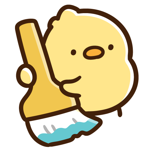 水色のインクがついた刷毛を持つひよこ
