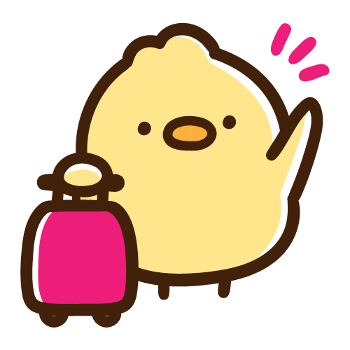 キャリーバッグを持って挨拶するひよこ