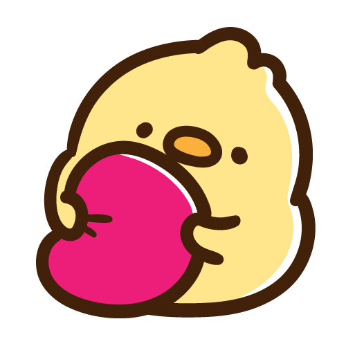 ピンク色のクッションを抱きしめるひよこ