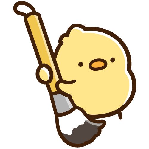 墨汁のついた筆を持つひよこ