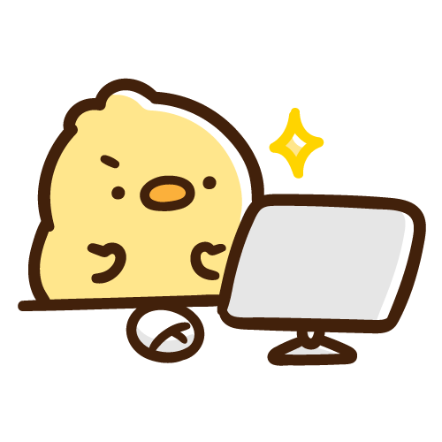 デスクトップパソコンを見て「いいぞ！」のポーズをするひよこ
