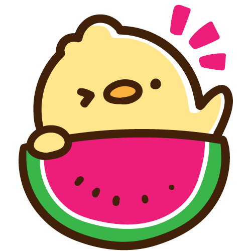 スイカから顔を覗かせるひよこ