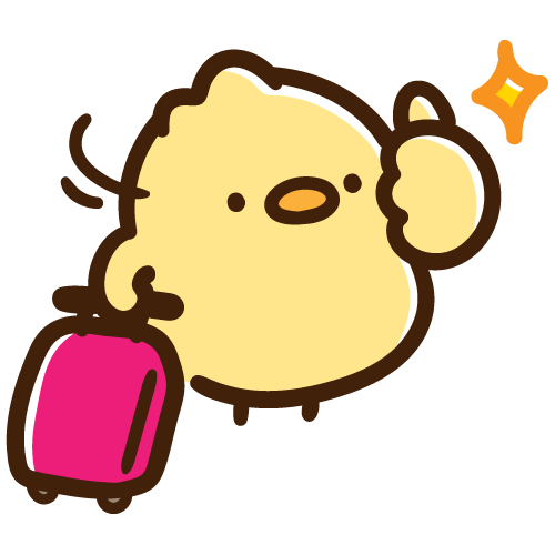 キャリーバッグを持ってグッドラック！しているひよこ
