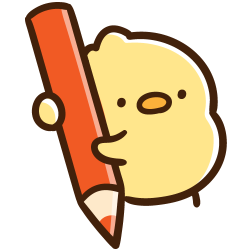 朱色の色鉛筆を持つひよこ