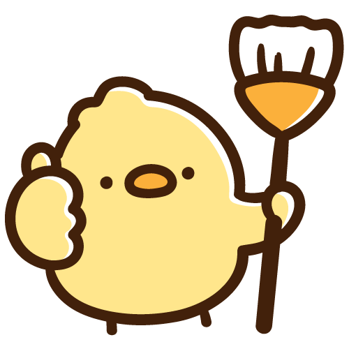 Chick holding a broom after finishing the cleaning