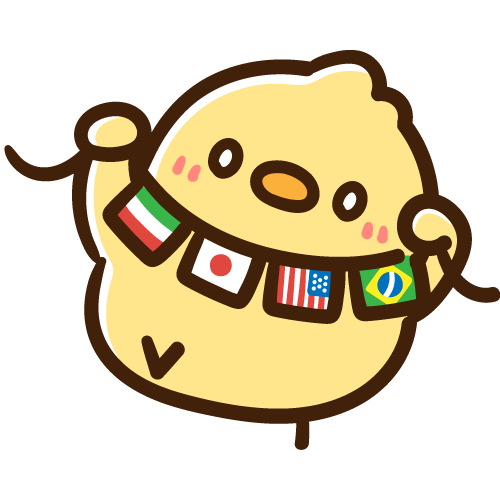 世界の国旗のガーランドを持つひよこ